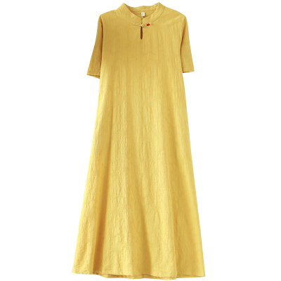 复古文艺范超长款民族棉麻连衣裙