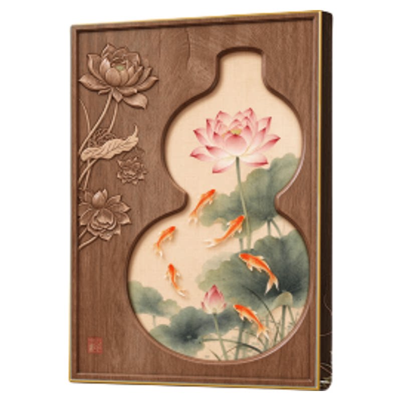 荷花九鱼图茶室背景墙挂画