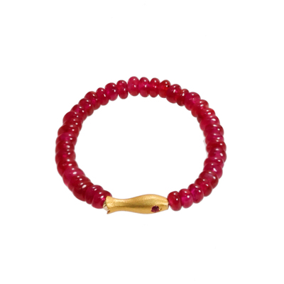 若华珠宝如鱼 简约鸽血红宝石戒指女18K金弹力彩宝尾戒祖母绿礼物