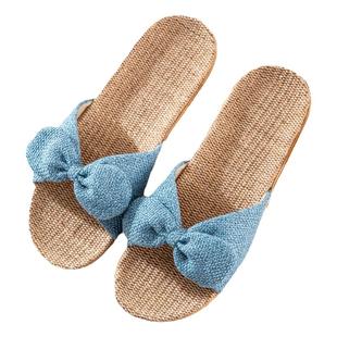 高跟蝴蝶结亚麻拖鞋女夏季家居室内厚底防滑家用可爱凉拖鞋可外穿