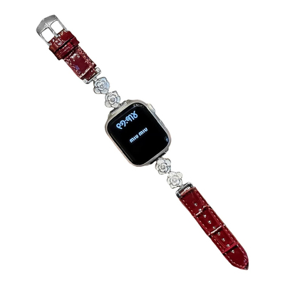 适用苹果iwatch鎏金山茶花皮表带