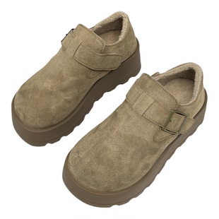 洋气磨砂皮厚底加绒勃肯鞋女2025秋冬小个子6cm增高一脚蹬松糕鞋