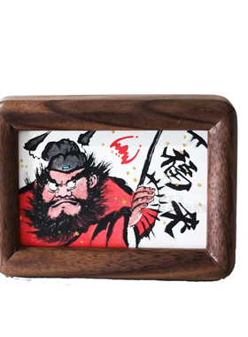 钟馗画像真朱砂手绘胡桃木摆件