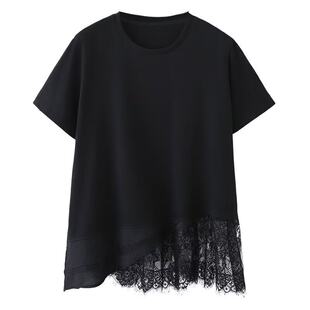宛宛大码胖MM白色蕾丝拼接短袖t恤女夏季宽松高级感休闲百搭上衣