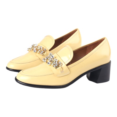 恋尚萝莎牛皮水钻黄色乐福单鞋