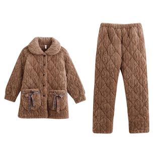 睡衣女冬季珊瑚绒三层加厚加绒夹棉袄女式秋冬款冬天法兰绒家居服