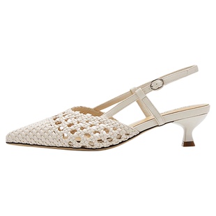 【清仓款】Nine West/玖熙夏季编织镂空凉鞋女一字带粗跟包头凉鞋