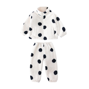 女童珊瑚绒睡衣2026新款儿童法兰绒家居服女孩加厚波点可外穿套装