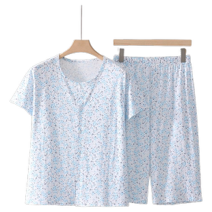 女士纯棉开衫短袖短裤家居服睡衣套装圆领中老年全棉针织棉五分裤