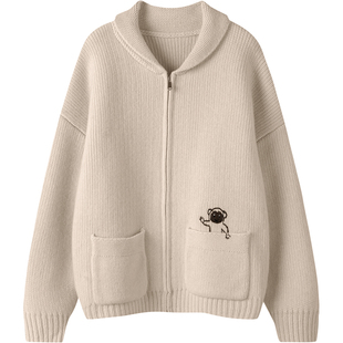 冬凤凰“陪你过冬”100%山羊绒重磅加厚手绣卡通小猴针织羊绒外套