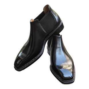 矮靴切尔西低帮皮底挪威缝小方头沉船皮手工正装男靴霍尔文荔枝纹