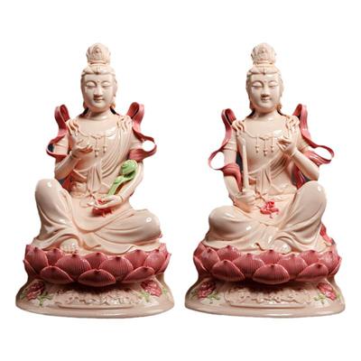 戴玉堂陶瓷摆件《玉红瓷文殊菩萨普贤菩萨》佛像供奉家用家居饰品