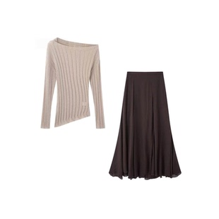 艾诺丝锦瑟女装2026春款修身斜领针织衫上衣半身裙搭配套装801132