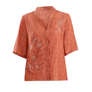 妈妈夏装洋气衬衫2026新款中老年人女时尚绣花天丝麻棉短袖上衣服