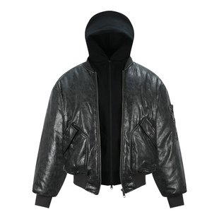 OaOO 油蜡皮假两件拼接重磅连帽廓形bomber短宽棉服外套男