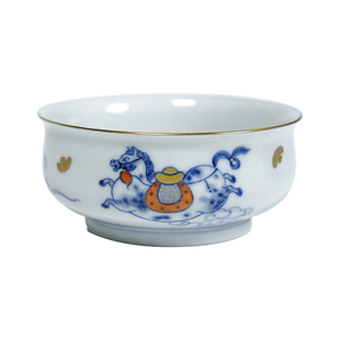 小谦山房青花描金马上来财炉式杯釉下手绘景德镇陶瓷茶杯茶具送礼