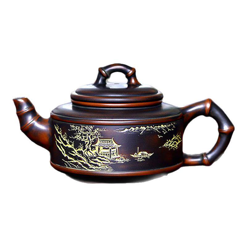 钦州坭兴陶茶壶竹节纯手工紫泥