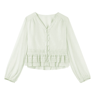 秋水伊人气质优雅蕾丝衬衫2026年春季新款女休闲通勤温柔V领上衣