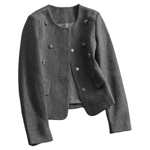 小香风串珠镶钻圆领呢子外套可配一整套百褶短裙两件套女套装W130