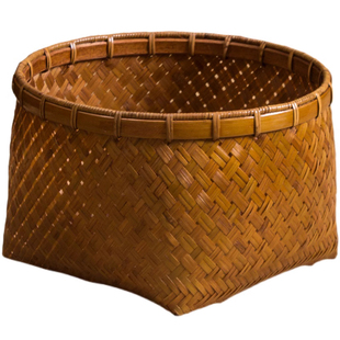 手工竹编圆形收纳筐 家用桌面茶几水果篮 复古精编书画卷轴纸篓