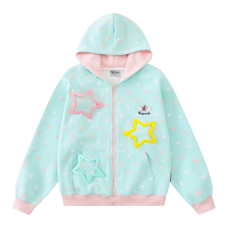 MoCreation 韩系少女星星连帽开衫卫衣女薄荷绿宽松薄款清新外套