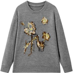 太平鸟 羊毛混纺重工立体花朵图案时髦圆领针织衫25冬新款套头衫