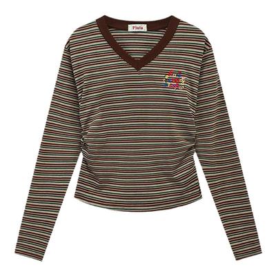 复古刺绣字母条纹V领长袖T恤女