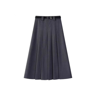 深灰色超好看冬裙毛呢半身裙中长胖mm大码a字百褶梨形伯克利裙子