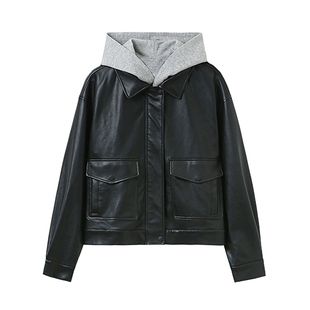黑色皮衣外套女2025新款酷飒风连帽宽松休闲短款机车外套PU皮夹克