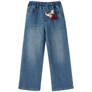 女大童加绒牛仔直筒裤2025冬装新款青少年保暖百搭休闲裤学生长裤