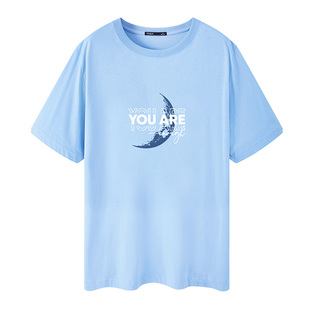 TEEK2026夏季重磅男士短袖T恤浅蓝色 月亮印花青少年韩版半袖衣服