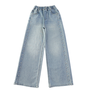 女童春装钉珠牛仔裤2026新款儿童洋气女孩初中生宽松直筒阔腿裤子