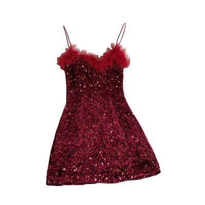 性感包臀毛毛边拼接亮片吊带裙