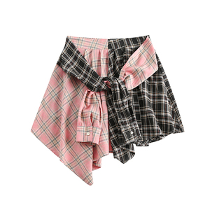 HASU 美式BM风格子拼接不规则裙裤百搭休闲显瘦衬衫式绑带半身裙