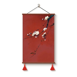 喜上枝头红色寓意好客厅装饰画高级感入户玄关挂画书房茶室卷轴画