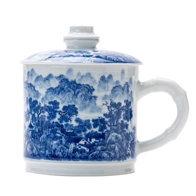 景德镇纯手工青花山水办公老板杯