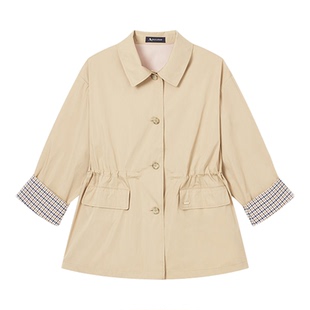 Aquascutum/雅格狮丹2026春夏新品女七分袖翻领收腰夹克风衣外套