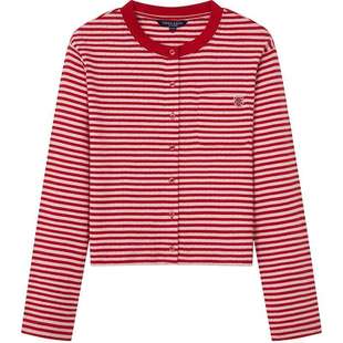 TeenieWeenie小熊女装T恤26春新款休闲活力红白条纹长袖圆领上衣