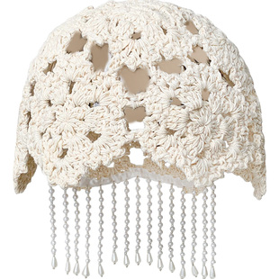 复古异域珍珠长流苏时装帽子手钩花朵针织包头帽女春头巾帽瓜皮帽