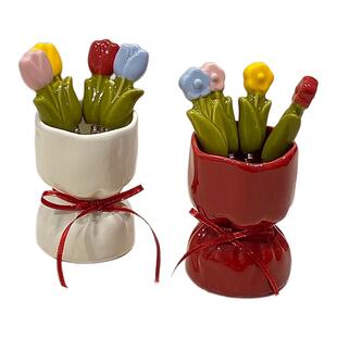 花瓶水果叉家用不锈钢轻奢高级感收纳罐套装儿童安全可爱小叉子