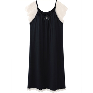 思莉太太莫代尔棉睡裙女款夏天性感带胸垫吊带无袖黑色纯欲风睡衣