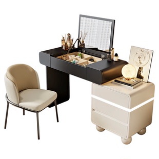 2025新款奶油风梳妆台卧室简约现代翻盖化妆桌实木梳妆台斗柜一体