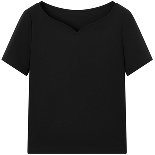 爱居兔纯棉桃心领短袖T恤女夏季新款一字肩显瘦气质上衣