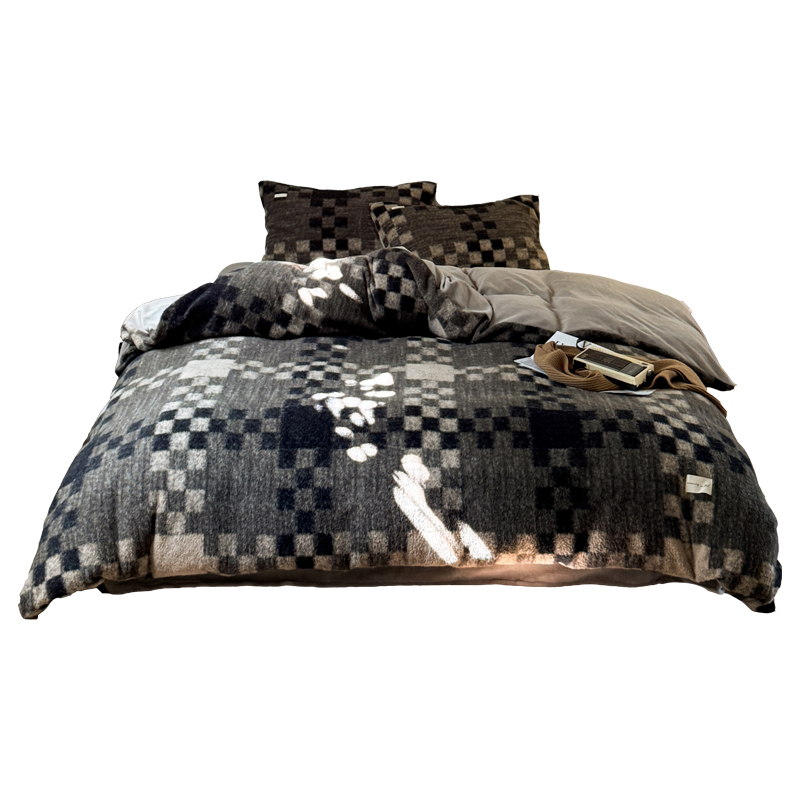 木悠复古格纹仿羊绒加厚牛奶绒四件套冬季保暖被套床单床上用品