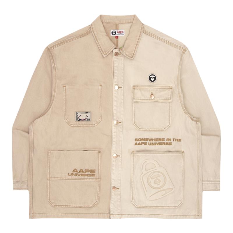 Aape旗舰店男装春夏猿人酷帅字母刺绣拼接口袋牛仔外套7506XBI