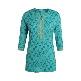 B4-1-3印度进口民族风情服饰女纯棉印花短款七分袖V领薄款库塔