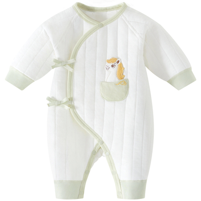 新生儿秋冬薄夹棉三层保暖连体衣