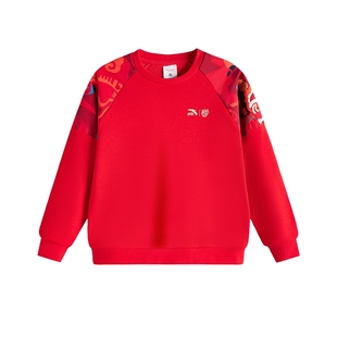 安踏儿童装新年卫衣男童加绒套头衫2026新款春季潮酷印花红色年服