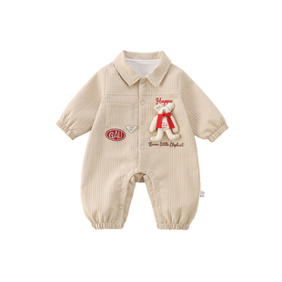 男宝宝长袖连体衣春季小月龄男孩刺绣翻领哈衣爬服外出服休闲春装