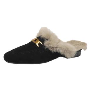 兔毛软皮毛毛拖女外穿磨砂乐福棉拖鞋穆勒鞋2025春秋季低跟包头拖